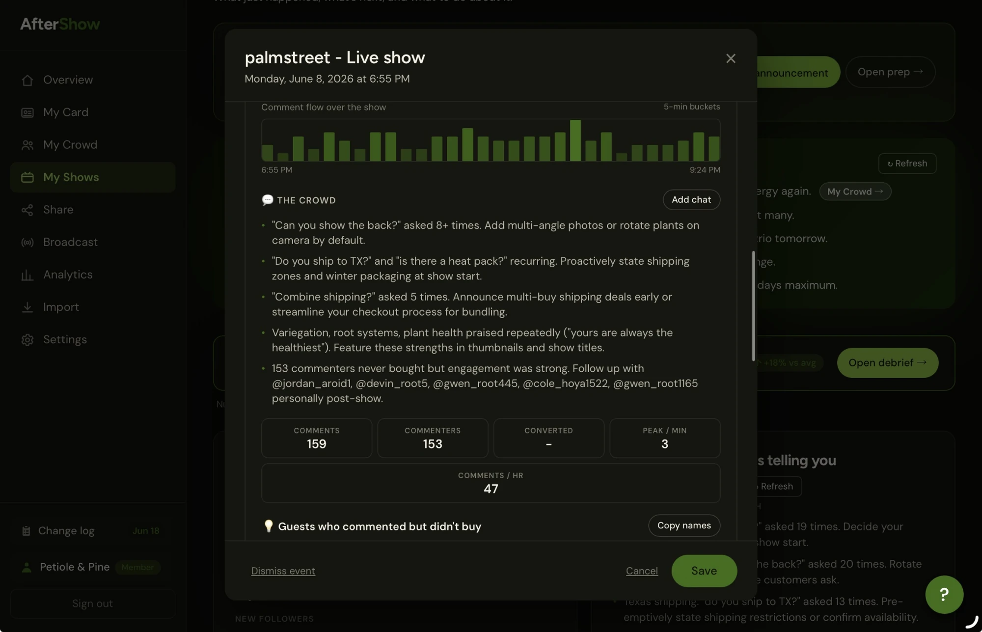 An AfterShow live-show debrief identifying repeated customer questions and follow-up opportunities