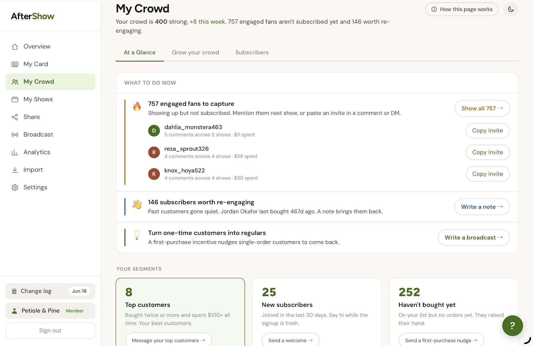 The AfterShow My Crowd screen showing audience capture and re-engagement opportunities